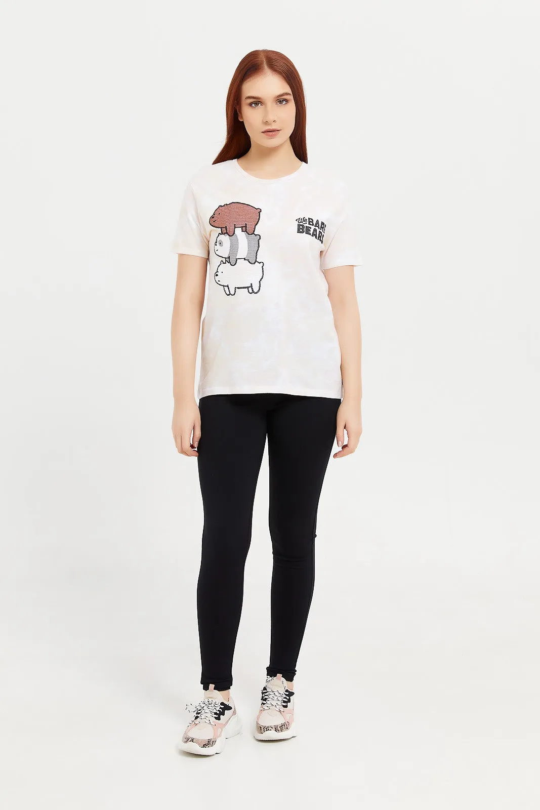 Women Beige Bare Bears Embroidered T-Shirt