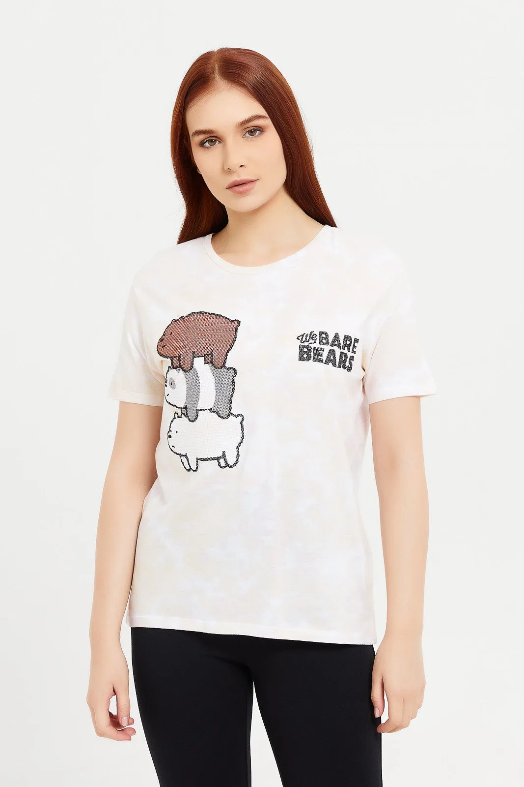 Women Beige Bare Bears Embroidered T-Shirt