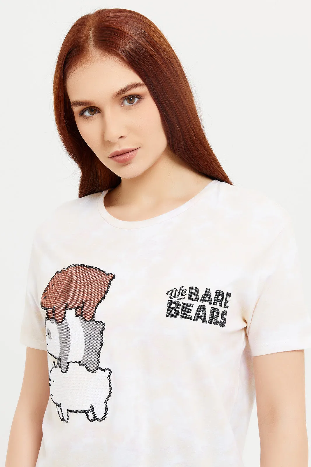 Women Beige Bare Bears Embroidered T-Shirt