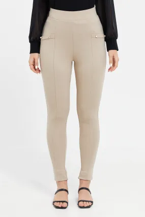 Women Beige Double Button Leggings