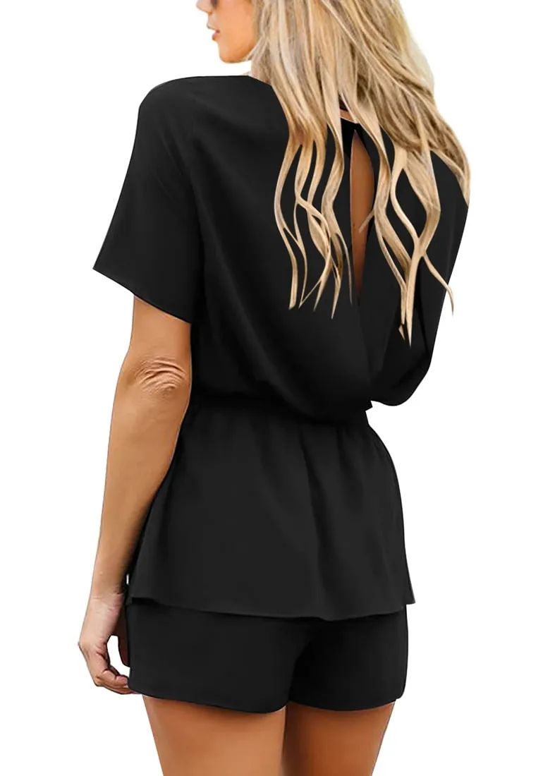 Women Casual Short Sleeves Self-Tie Belted Short Romper Jumpsuits