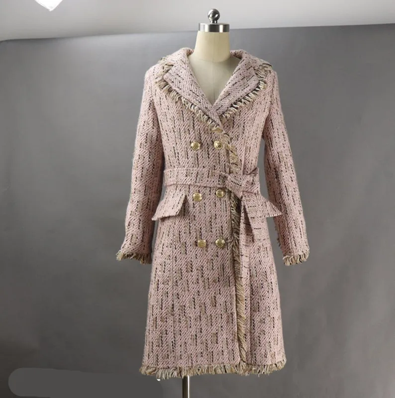 Women Designer Inspired Tweed Wool Blend Pink Trench Coat Outwear Belted