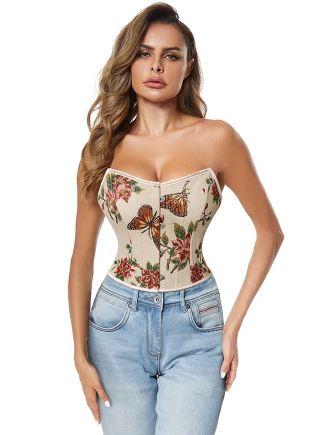 Women Renaissance Retro Floral Strapless Short-style Bustier Corset Crop Top Beige