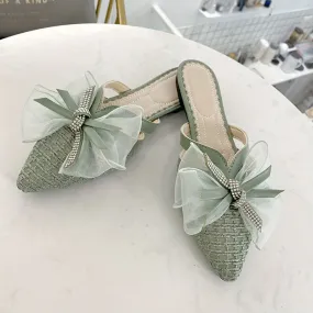 Womens Bow Accent Flat Mules - Chic Slip-On Pointed Toe Sandals - Comfortable Backless Summer Slides for Stylish Outfits