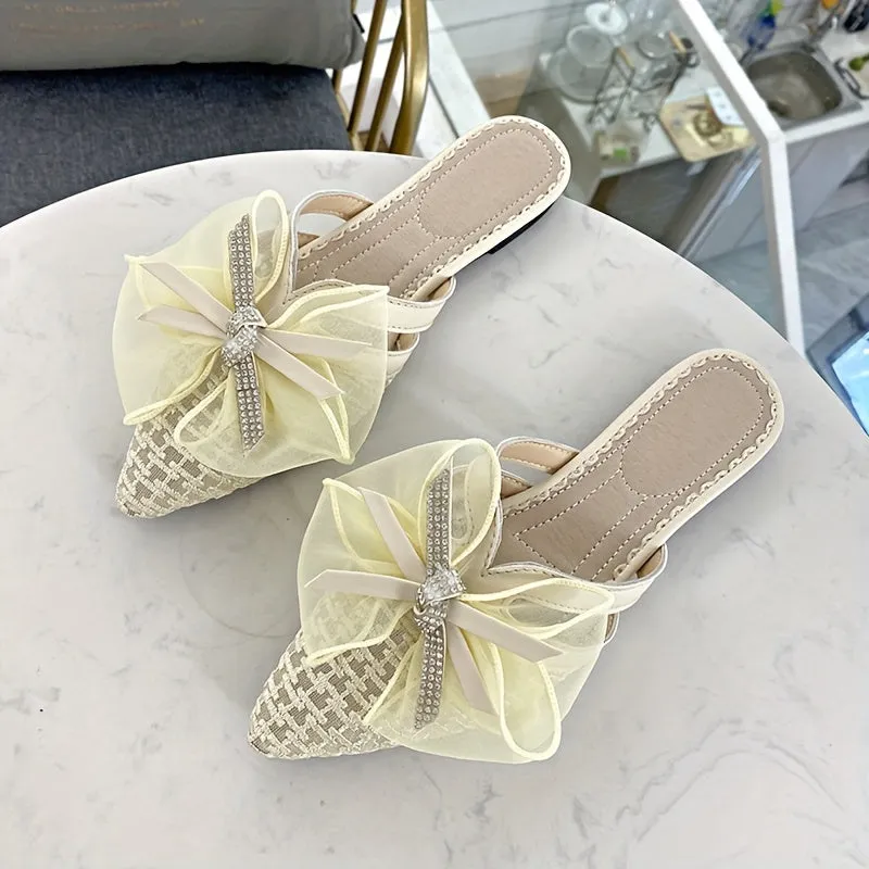 Womens Bow Accent Flat Mules - Chic Slip-On Pointed Toe Sandals - Comfortable Backless Summer Slides for Stylish Outfits