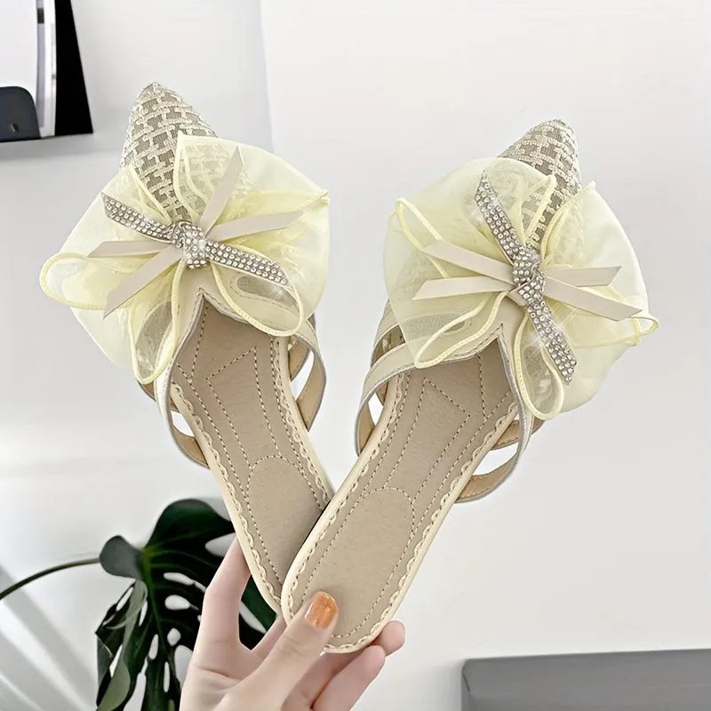 Womens Bow Accent Flat Mules - Chic Slip-On Pointed Toe Sandals - Comfortable Backless Summer Slides for Stylish Outfits