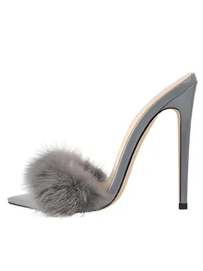 Women's Peep Toe Fur Slip On Heels