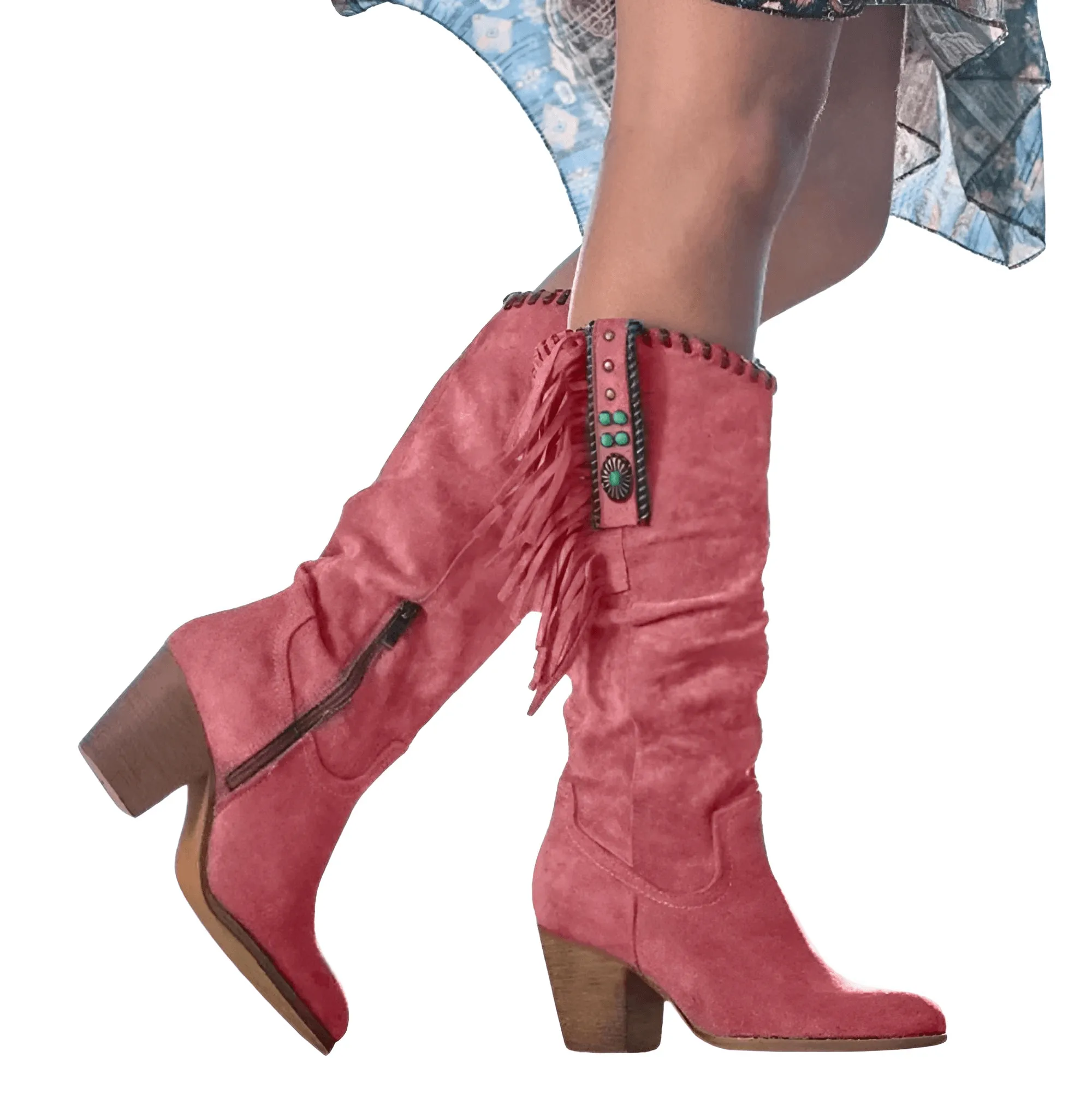 Women's Retro High Boots Trend Pointed Toe Thick Heel Tassel Western Cowboy Boots Women's Shoes