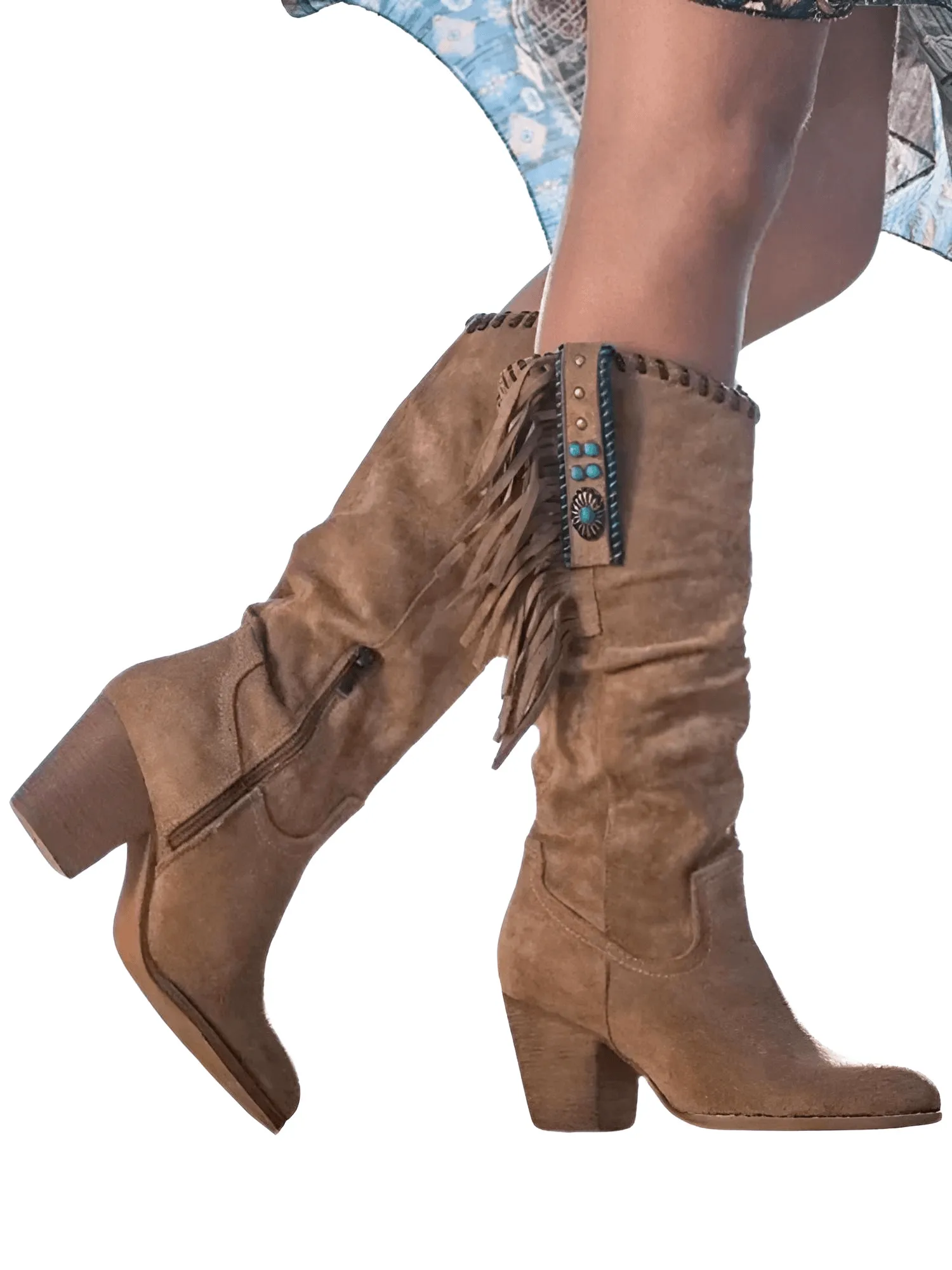 Women's Retro High Boots Trend Pointed Toe Thick Heel Tassel Western Cowboy Boots Women's Shoes