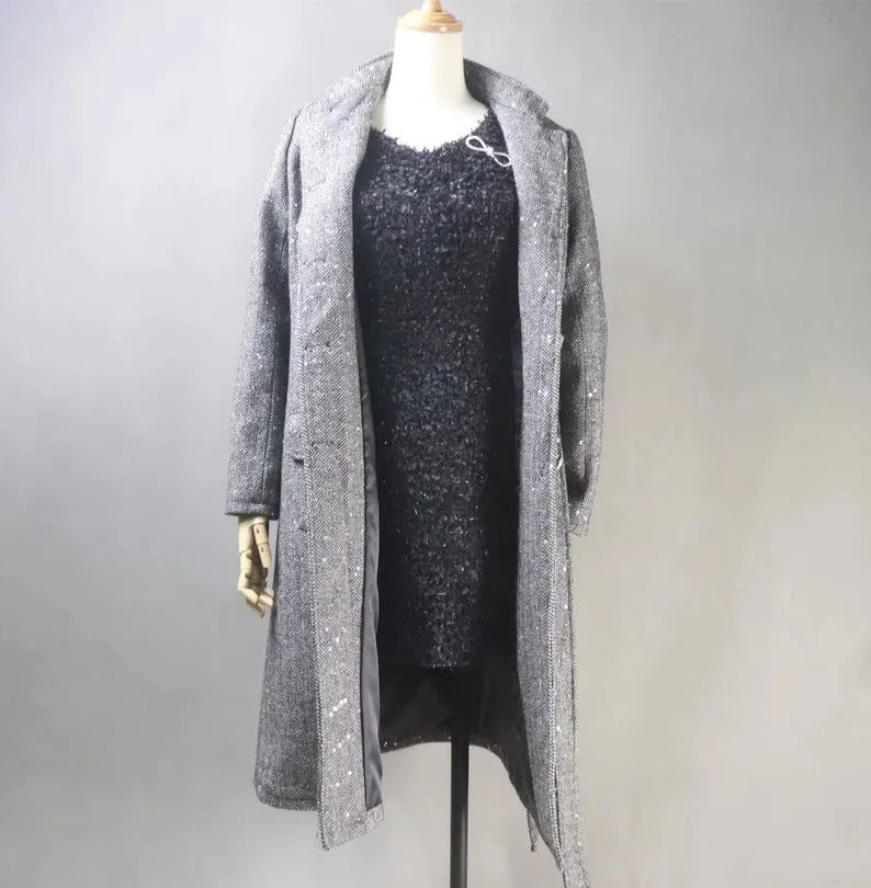 Women's Winter Tailor MADE Sequinned Tweed Belted Long Warm Trench Coat Grey