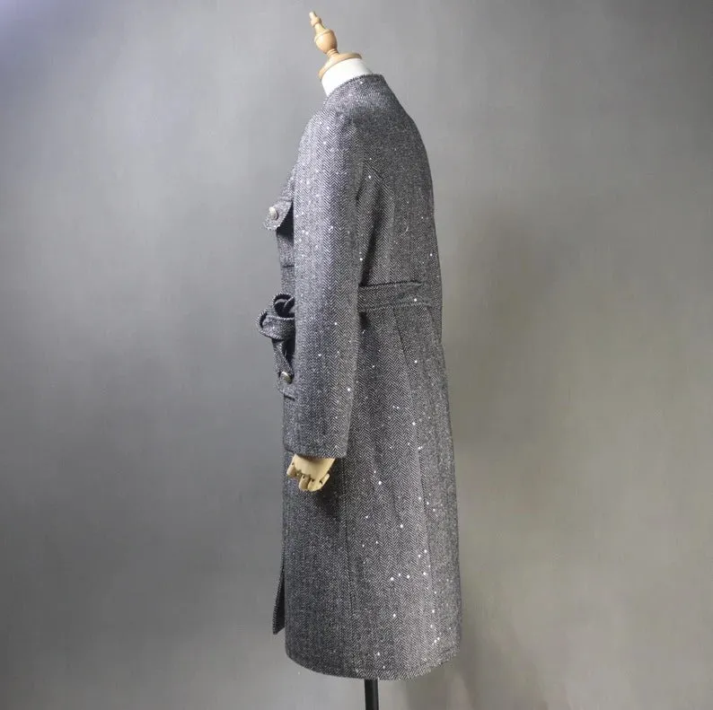 Women's Winter Tailor MADE Sequinned Tweed Belted Long Warm Trench Coat Grey