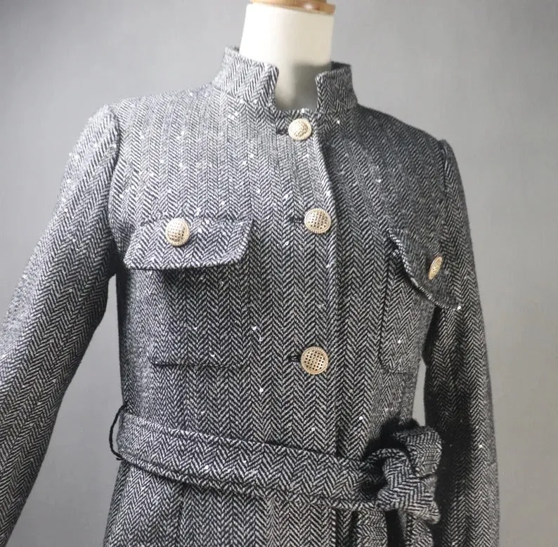 Women's Winter Tailor MADE Sequinned Tweed Belted Long Warm Trench Coat Grey