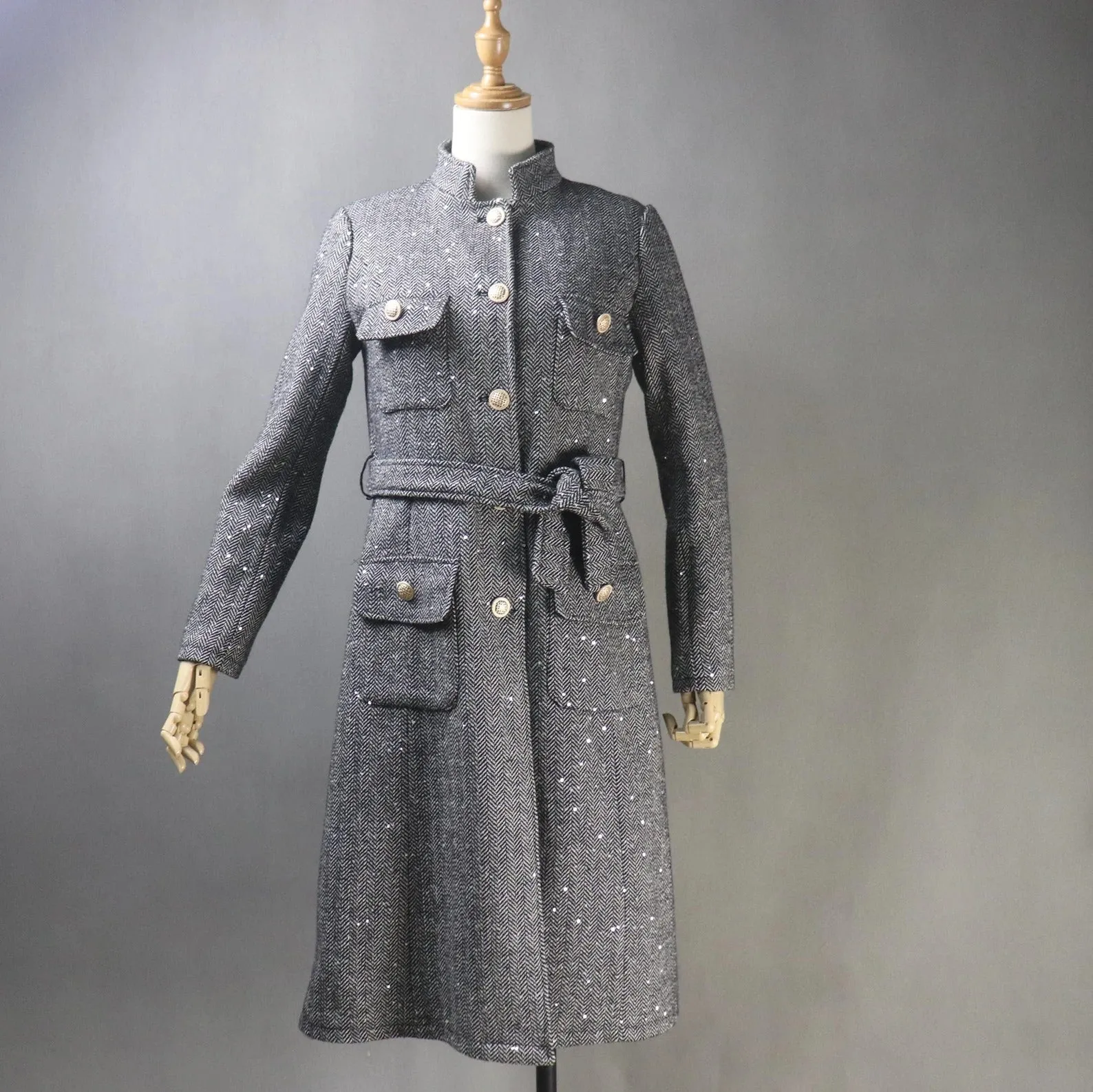 Women's Winter Tailor MADE Sequinned Tweed Belted Long Warm Trench Coat Grey