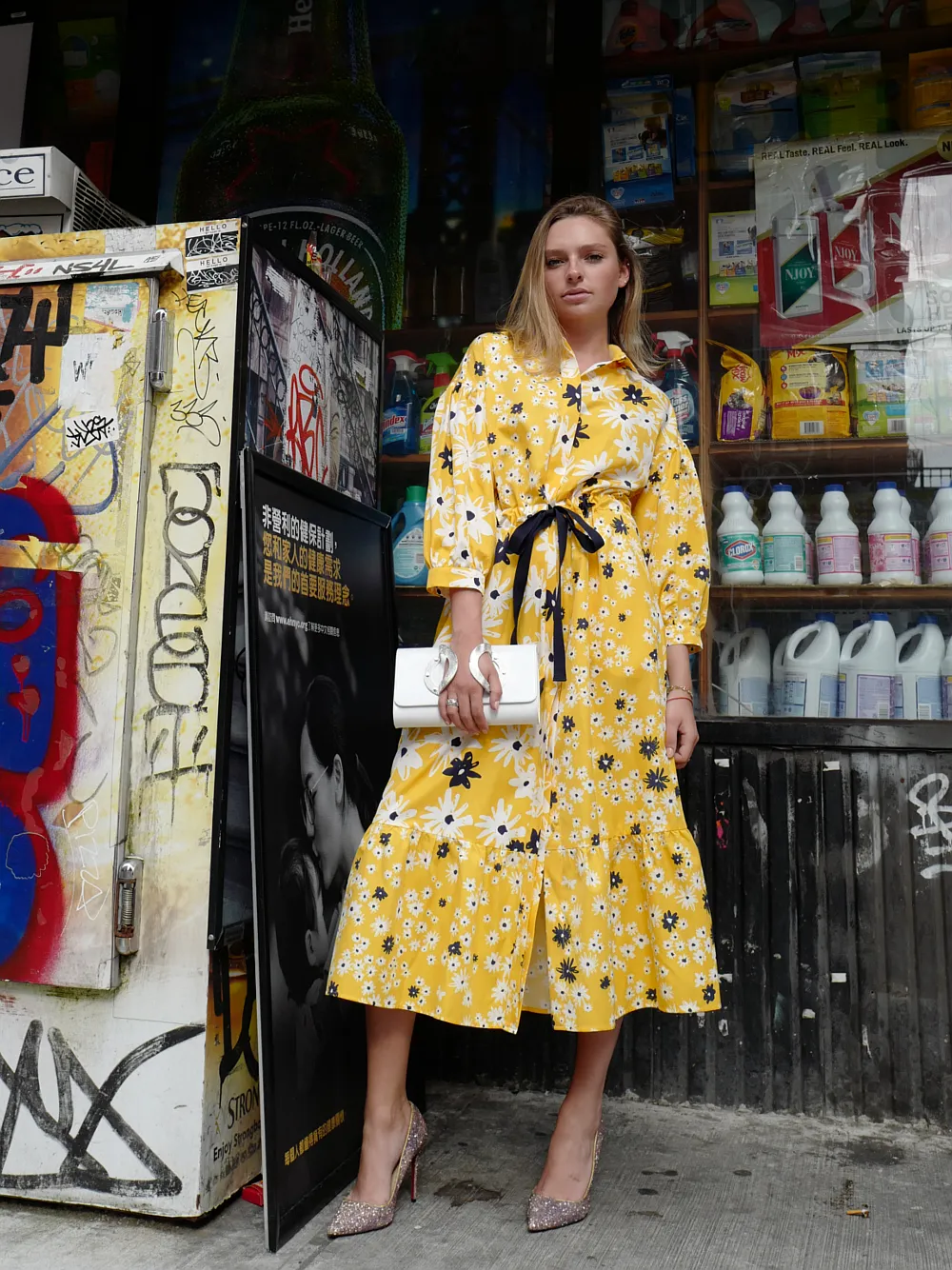 YELLOW COTTON & SILK FLORAL DRESS