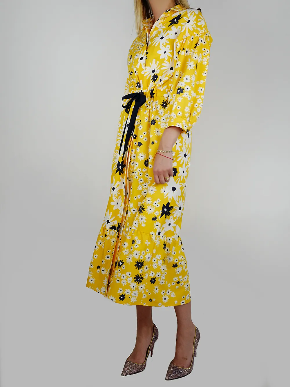 YELLOW COTTON & SILK FLORAL DRESS