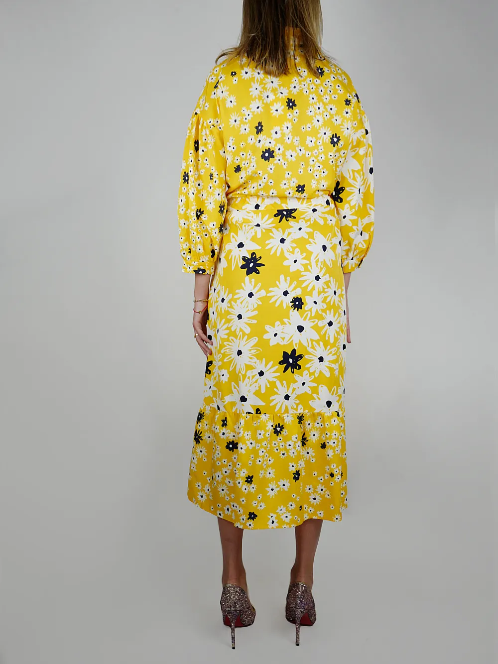 YELLOW COTTON & SILK FLORAL DRESS